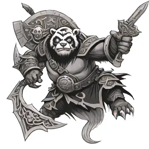 pandaren world of Warcraft with Sword and a turtle shell as a Shield  tattoo design idea