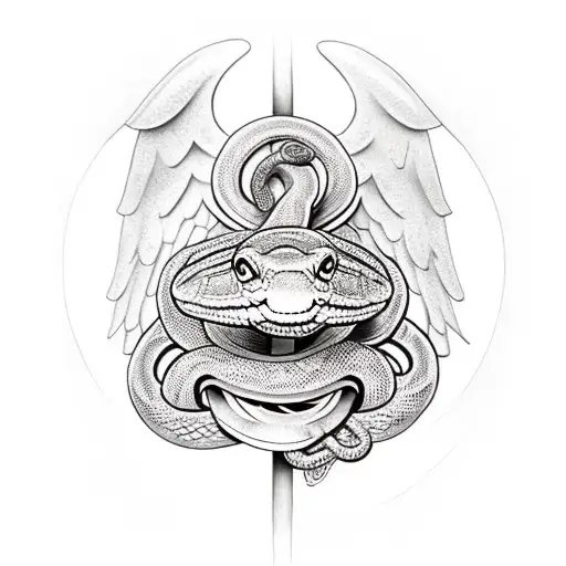 Statue in the Front with snake in background and child angel tattoo design idea
