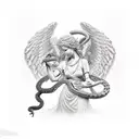 Statue with snake and angel tattoo design idea