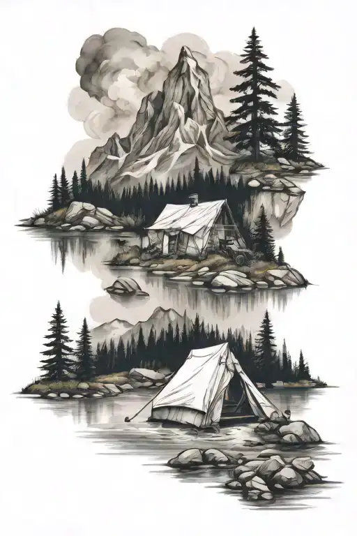 alpine landscape tattoo mountains. river flowing. misty. tent on the river bank. camp fire tattoo design idea