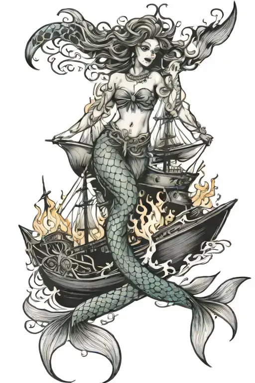 mermaid with burning ships tattoo design idea