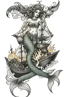 mermaid with burning ships tattoo design idea