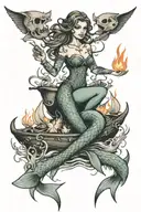 mermaid with burning ships tattoo design idea