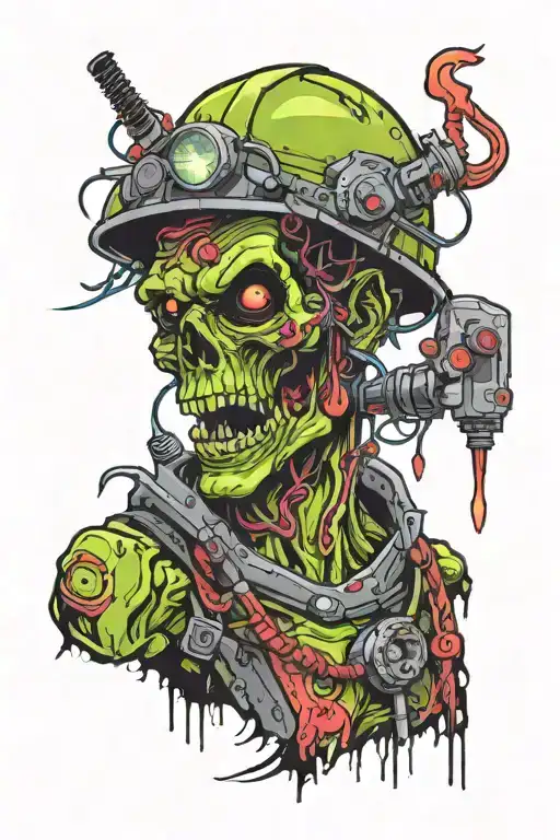Electrician zombie with helmet and electricity tweezers with neon details half body tattoo design idea