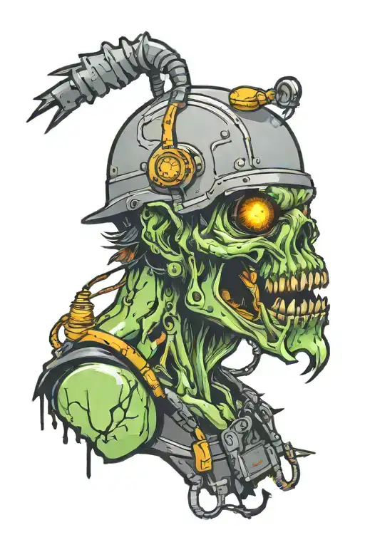 Electrician zombie with helmet and electricity tweezers with neon details half body tattoo design idea