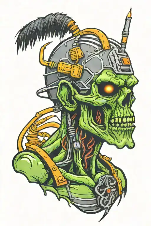 Electrician zombie with helmet and electricity tweezers with neon details half body tattoo design idea