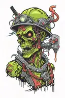 Electrician zombie with helmet and electricity tweezers with neon details half body tattoo design idea