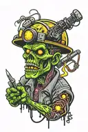 Electrician zombie with helmet and electricity tweezers with neon details half body tattoo design idea