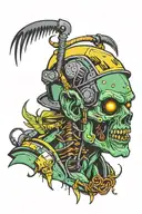 Electrician zombie with helmet and electricity tweezers with neon details half body tattoo design idea