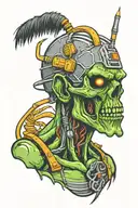 Electrician zombie with helmet and electricity tweezers with neon details half body tattoo design idea