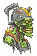 Electrician zombie with helmet and electricity tweezers with neon details half body tattoo design idea