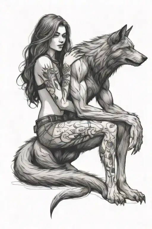 a big wolf werewolf sits and hugs a beautiful young woman with one paw tattoo design idea