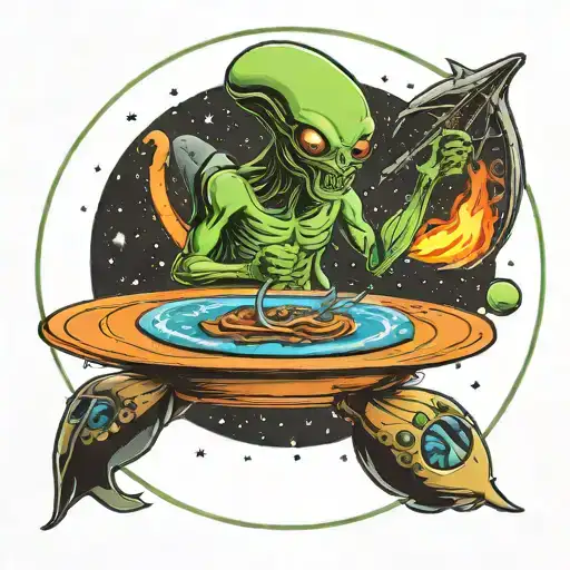 alien fishing, sitting on ufo style spaceship plate, in space tattoo design idea