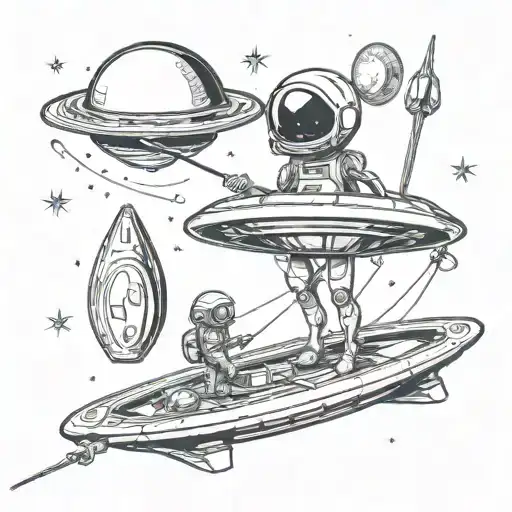 Typical alien fishing, with fishing rod on UFO style spaceship plate, in space with planets in the background tattoo design idea