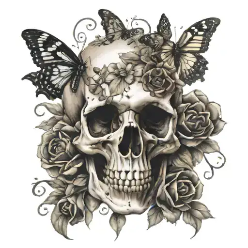 gothic micro realism with skull flowers and butterflies tattoo design idea