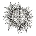 cross made of nails with the word "tetelestai" in the middle surrounded by a wreath of half thorns and half laural   tattoo design idea