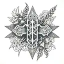 cross made of nails with the word "tetelestai" in the middle surrounded by a wreath of half thorns and half laural   tattoo design idea