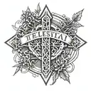 cross made of nails with the word "tetelestai" in the middle surrounded by a wreath of half thorns and half laural   tattoo design idea
