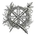 cross made of nails with the word "tetelestai" in the middle surrounded by a wreath of half thorns and half laural   tattoo design idea