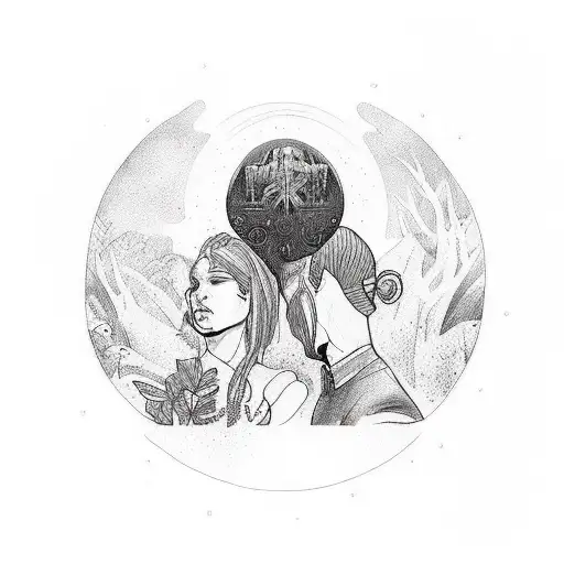 Create a tattoo featuring Claire and Patrick in a mystical oasis setting tattoo design idea