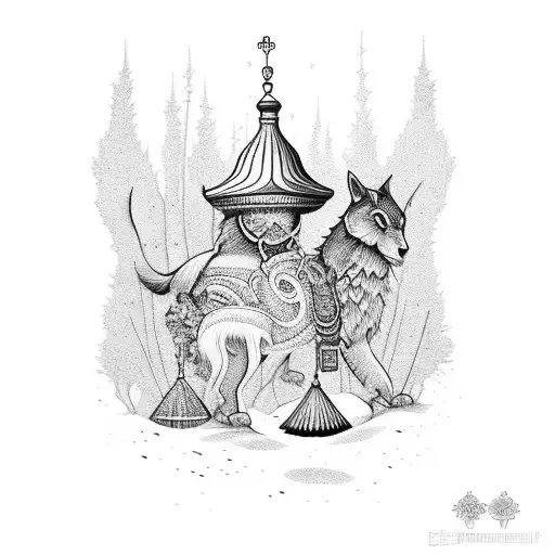 Incorporate elements of Ukrainian folklore into a dotwork tattoo of a heartwarming fairytale scene tattoo design idea
