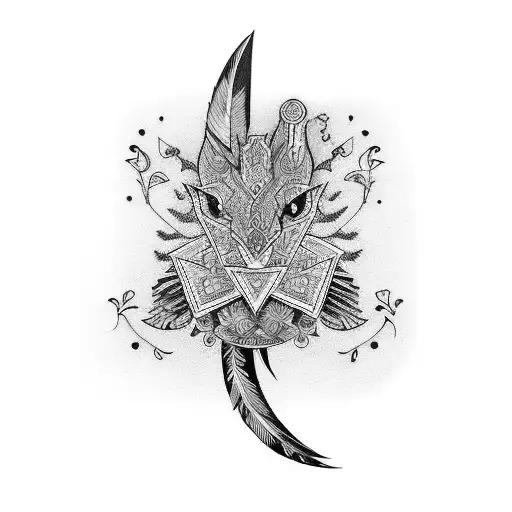 Design a tattoo featuring a stylized quill pen surrounded by traditional Ukrainian patterns tattoo design idea