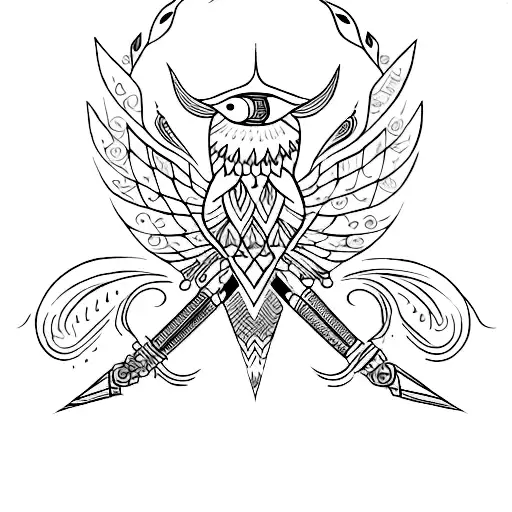 Design a tattoo featuring a stylized quill pen surrounded by traditional Ukrainian patterns tattoo design idea