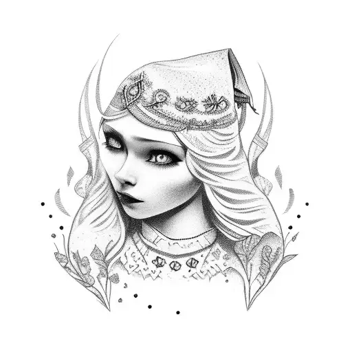 Incorporate elements of Ukrainian folklore into a dotwork tattoo of a heartwarming fairytale scene tattoo design idea