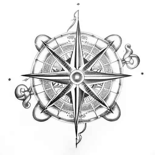 A dotwork tattoo featuring a ship navigating through a compass rose amidst stormy waves, with Poseidon's trident hovering above tattoo design idea