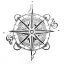 A dotwork tattoo featuring a ship navigating through a compass rose amidst stormy waves, with Poseidon's trident hovering above tattoo design idea