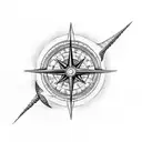 A dotwork tattoo featuring a ship navigating through a compass rose amidst stormy waves, with Poseidon's trident hovering above tattoo design idea