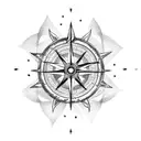 A dotwork tattoo featuring a ship navigating through a compass rose amidst stormy waves, with Poseidon's trident hovering above tattoo design idea
