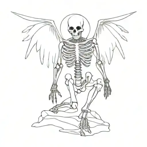 Winged skeleton standing in front of a kneeling knight tattoo design idea