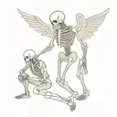 Winged skeleton standing in front of a kneeling knight tattoo design idea