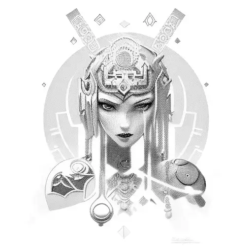 An intricate and realistic portrait of a powerful female game character surrounded by elements from different PC games tattoo design idea