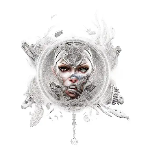 An intricate and realistic portrait of a powerful female game character surrounded by elements from different PC games tattoo design idea