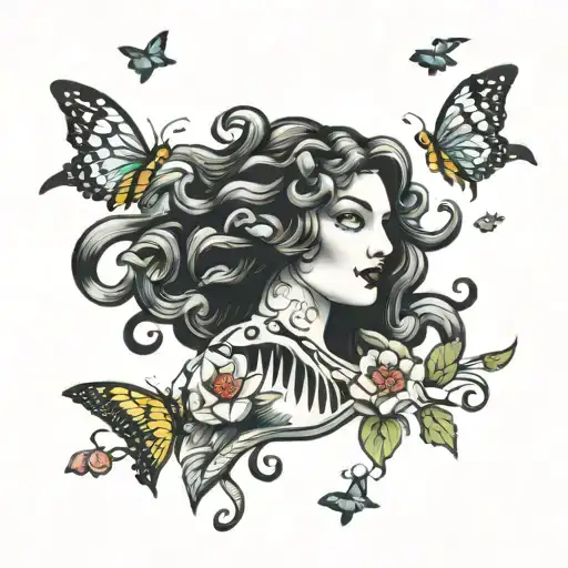Medusa with butterflies and doves plus a wave tattoo design idea