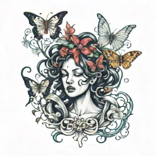 Medusa withe butterflys and doves tattoo design idea