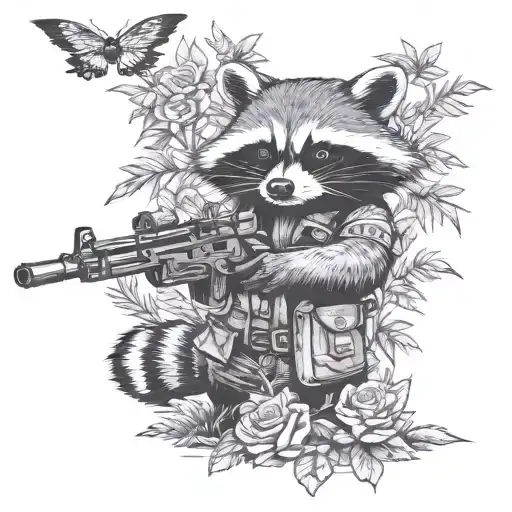 Raccoon with Ak 47 rifle and bottle of whiskey in jungle, hearts, skulls tattoo design idea