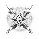 Crossed iron swords with a tank flag of Israel and the date 7.10.23 tattoo design idea