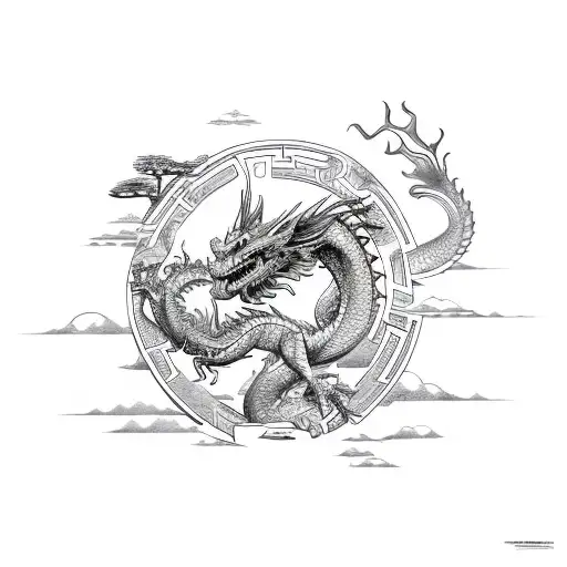 Friendly Flying Dragon Holding A T5 Transporter Campervan With The Roof Up Forest In Background tattoo design idea