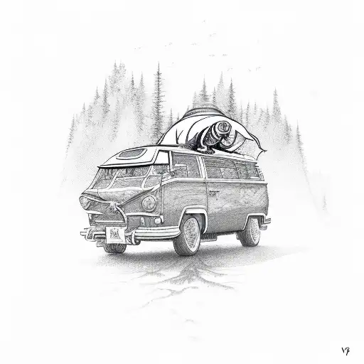 Friendly Flying Dragon Holding A T5 Transporter Campervan With The Roof Up Forest In Background tattoo design idea