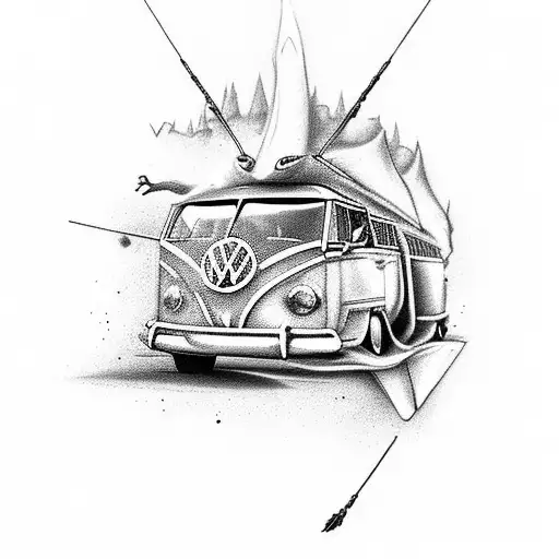 Friendly Flying Dragon Holding A VW T5 Campervan in it's talons tattoo design idea