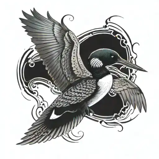 Common Loon, wings spread out, themes of dark nature and the Occult tattoo design idea