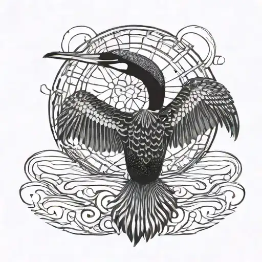 Common Loon, wings spread out, themes of dark nature and the Occult tattoo design idea