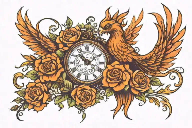 phoenix, roses, clock, fire tattoo design idea