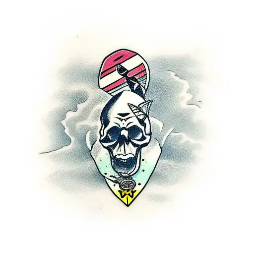 skull with legs riding a surfboard on a wave tattoo design idea