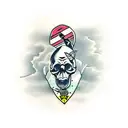 skull with legs riding a surfboard on a wave tattoo design idea