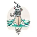 skull with legs riding a surfboard on a wave tattoo design idea