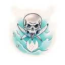 skull with legs riding a surfboard on a wave tattoo design idea